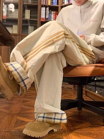 Férfi téli fleece-töltésű kockás nadrág, meleg, egyenes szabású, vintage casual, széles fazonú