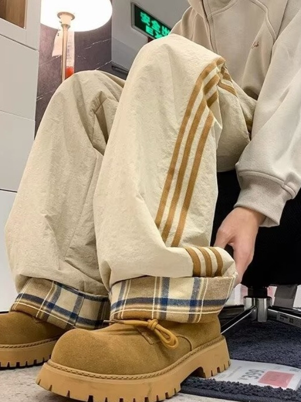 Férfi téli fleece-töltésű kockás nadrág, meleg, egyenes szabású, vintage casual, széles fazonú