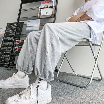Muške jogger hlače za jesen, ležerno krojene, široke nogavice, sive, vezanje na struku, plus veličina