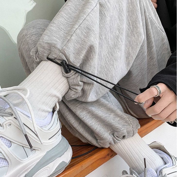 Muške jogger hlače za jesen, ležerno krojene, široke nogavice, sive, vezanje na struku, plus veličina