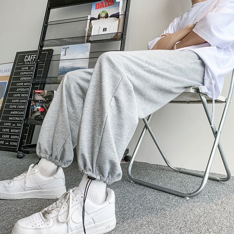 Muške jogger hlače za jesen, ležerno krojene, široke nogavice, sive, vezanje na struku, plus veličina