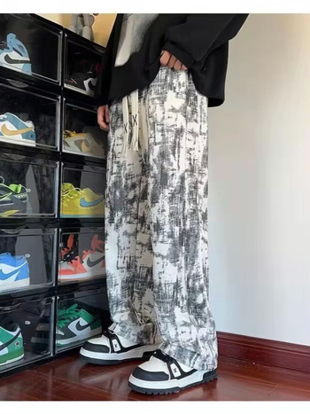 Férfi tie-dye nadrág fleece béléssel, őszi utcai stílus, széles szabás