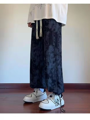Férfi tie-dye nadrág fleece béléssel, őszi utcai stílus, széles szabás