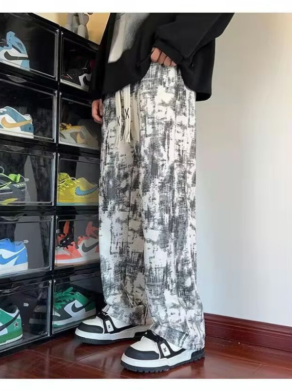 Férfi tie-dye nadrág fleece béléssel, őszi utcai stílus, széles szabás