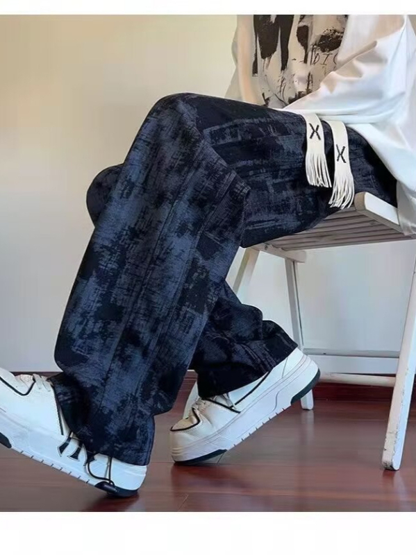 Férfi tie-dye nadrág fleece béléssel, őszi utcai stílus, széles szabás