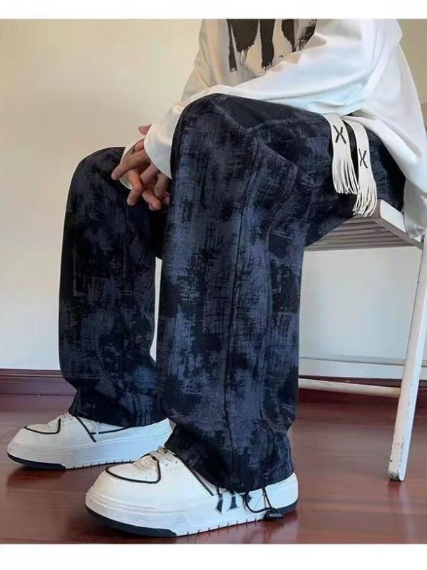 Férfi tie-dye nadrág fleece béléssel, őszi utcai stílus, széles szabás