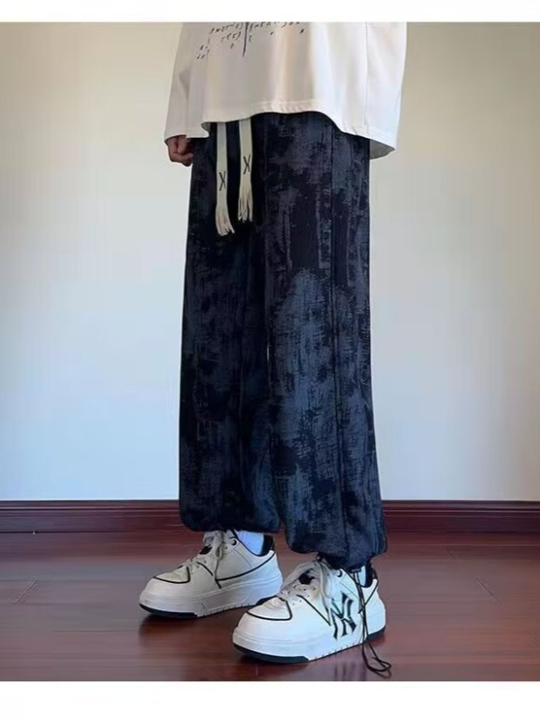 Férfi tie-dye nadrág fleece béléssel, őszi utcai stílus, széles szabás