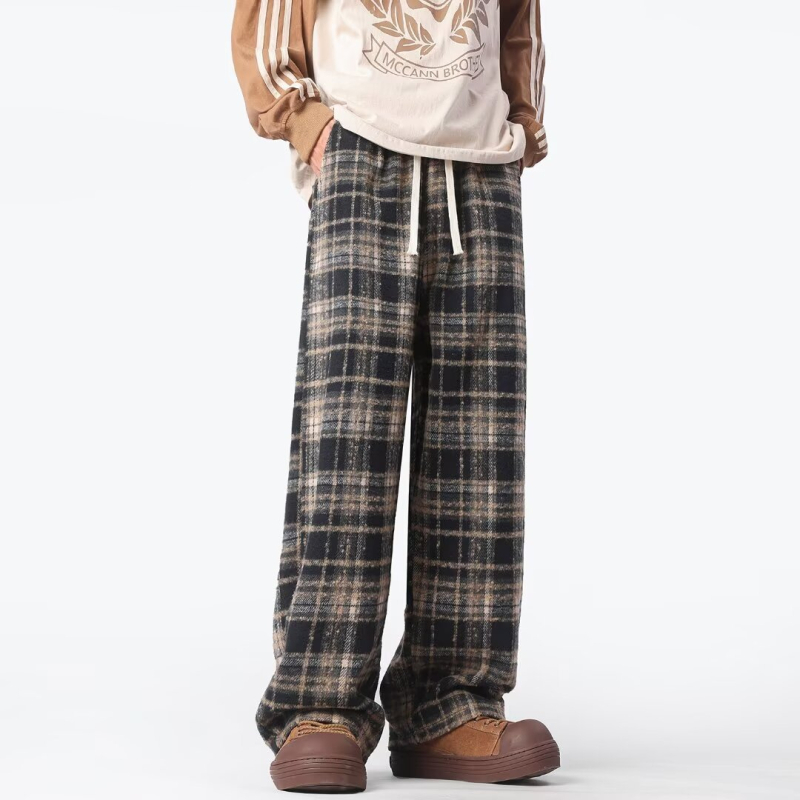 Muške vintage karirane casual hlače – ležernog kroja, ravne nogavice, jesenski stil