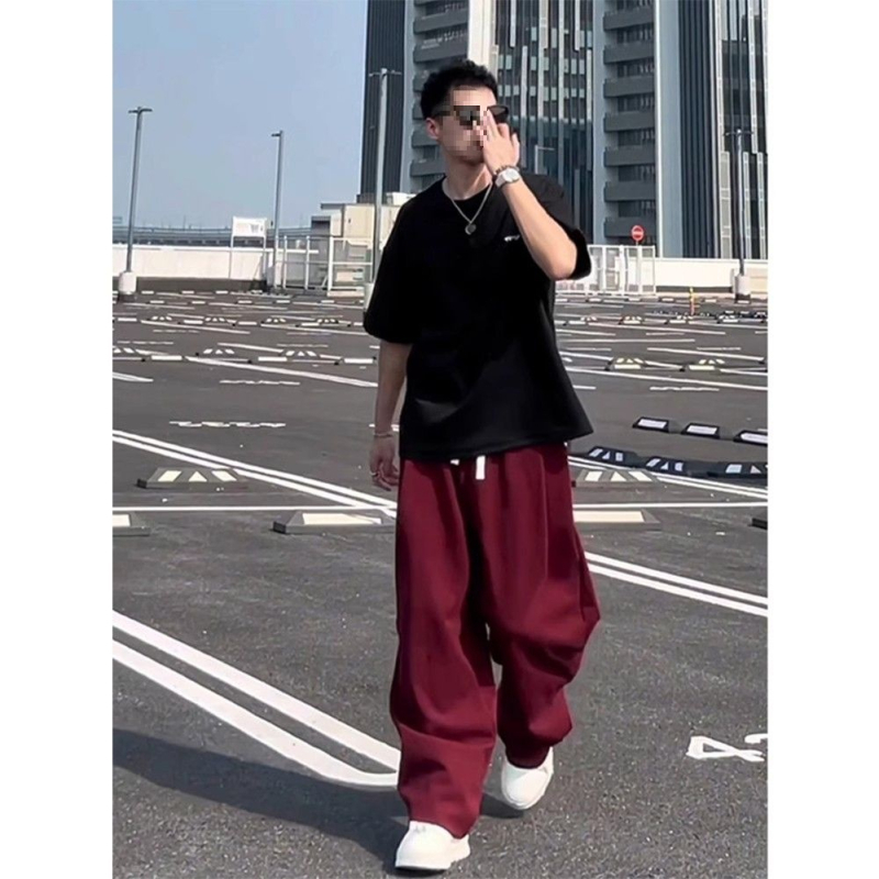 Ankora Crvene sweatpants s scimitarom za muškarce, proljeće–jesen, svestran ležeran kroj, američki retro doživljaj, casual široke hlače