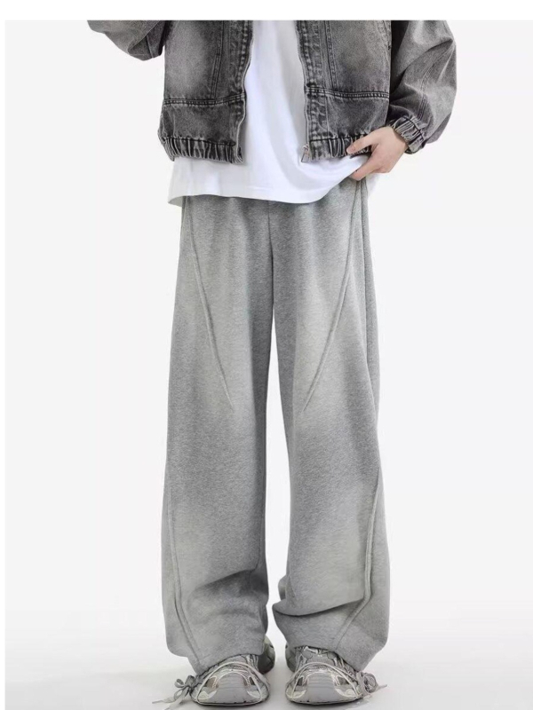 Muške sive jogger hlače u japanskom stilu, vintage dojam, udoban kroj, široke nogavice, kolidž streetwear