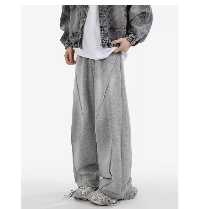 Muške sive jogger hlače u japanskom stilu, vintage dojam, udoban kroj, široke nogavice, kolidž streetwear