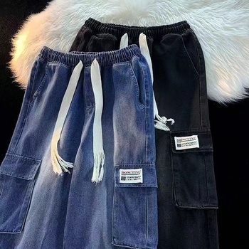 Muške traperice radničkog stila od denima, američki stil, isprane vintage, s više džepova, ravni kroj, opuštena silueta, široke nogavice, svakodnevno nošenje