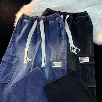 Muške traperice radničkog stila od denima, američki stil, isprane vintage, s više džepova, ravni kroj, opuštena silueta, široke nogavice, svakodnevno nošenje