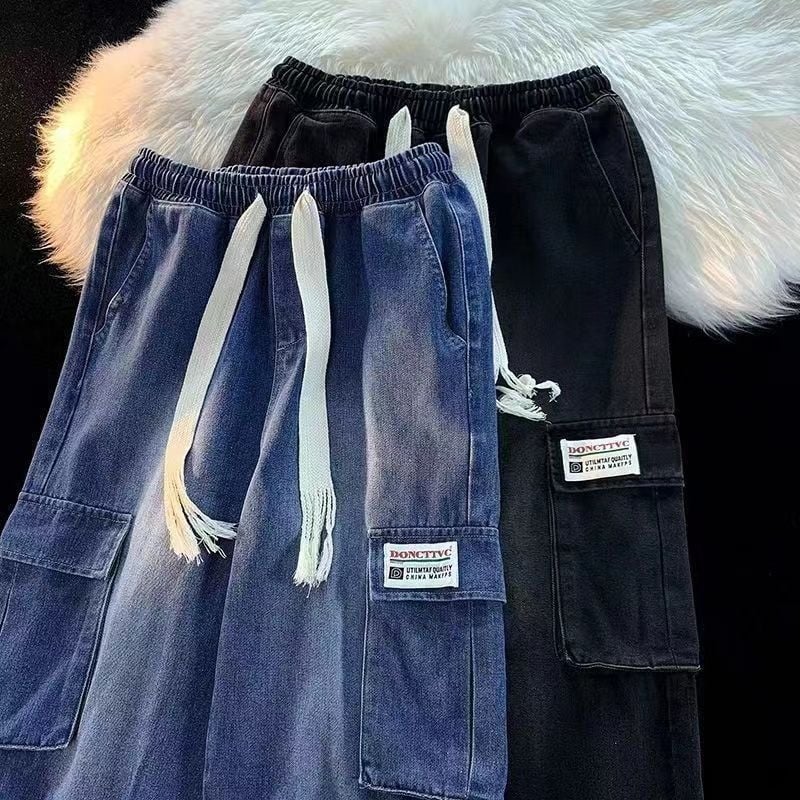 Muške traperice radničkog stila od denima, američki stil, isprane vintage, s više džepova, ravni kroj, opuštena silueta, široke nogavice, svakodnevno nošenje
