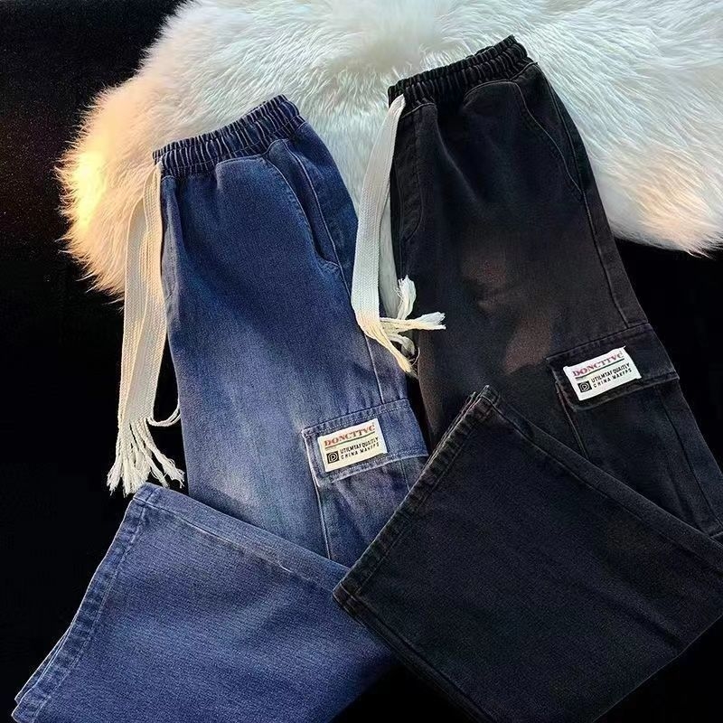 Muške traperice radničkog stila od denima, američki stil, isprane vintage, s više džepova, ravni kroj, opuštena silueta, široke nogavice, svakodnevno nošenje