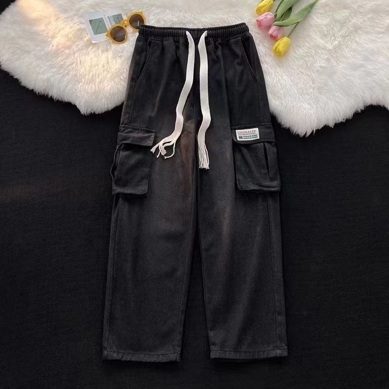 Muške traperice radničkog stila od denima, američki stil, isprane vintage, s više džepova, ravni kroj, opuštena silueta, široke nogavice, svakodnevno nošenje