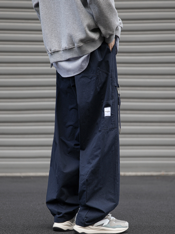 Férfiaknak készült Japán-stílusú patchwork funkcionális nadrág, lazán szabott egyenes szárú cargo nadrág, tavaszra és őszre