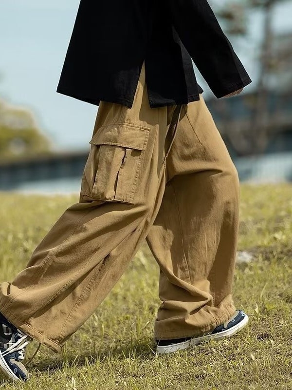 Muške khaki cargo hlače, plus veličina, oversize, široka kroj, casual radni stil