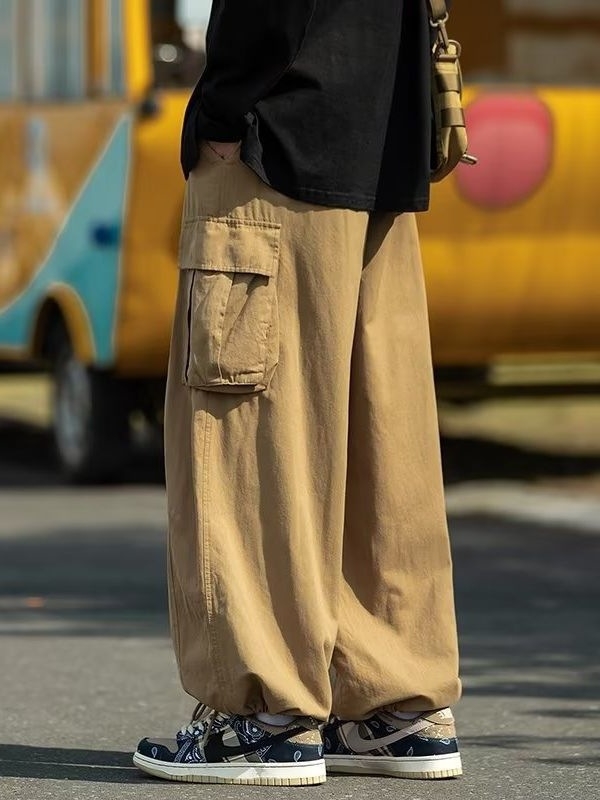 Muške khaki cargo hlače, plus veličina, oversize, široka kroj, casual radni stil