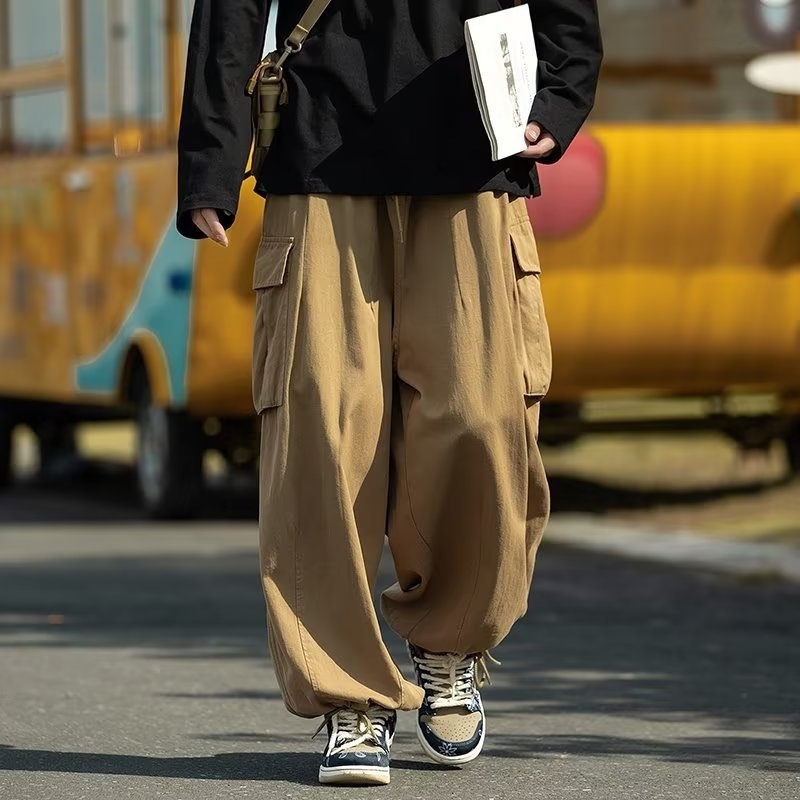 Muške khaki cargo hlače, plus veličina, oversize, široka kroj, casual radni stil