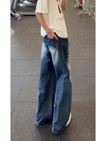 Férfi kék denim farmer, amerikai retro stílus, nyár, lazán szabott BF fazon, széles szár