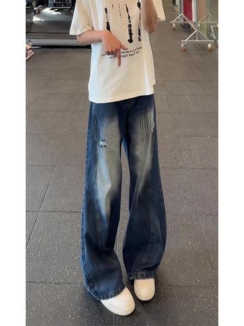 Férfi kék denim farmer, amerikai retro stílus, nyár, lazán szabott BF fazon, széles szár