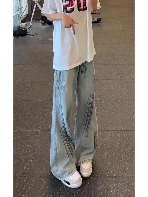 Férfi kék denim farmer, amerikai retro stílus, nyár, lazán szabott BF fazon, széles szár