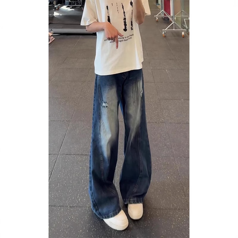 Férfi kék denim farmer, amerikai retro stílus, nyár, lazán szabott BF fazon, széles szár