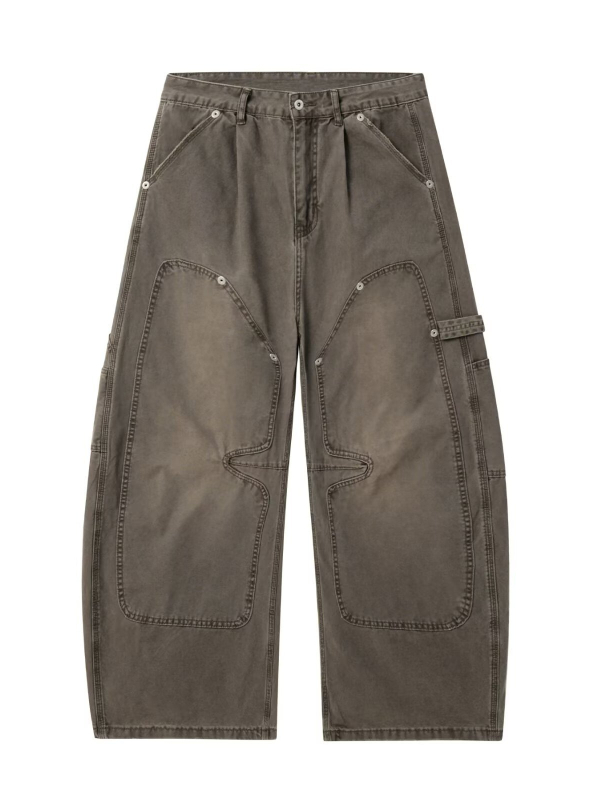Vintage kopottas munkaruha-stílusú férfi nadrág, laza szabású, széles szárú, amerikai ihletésű dizájn