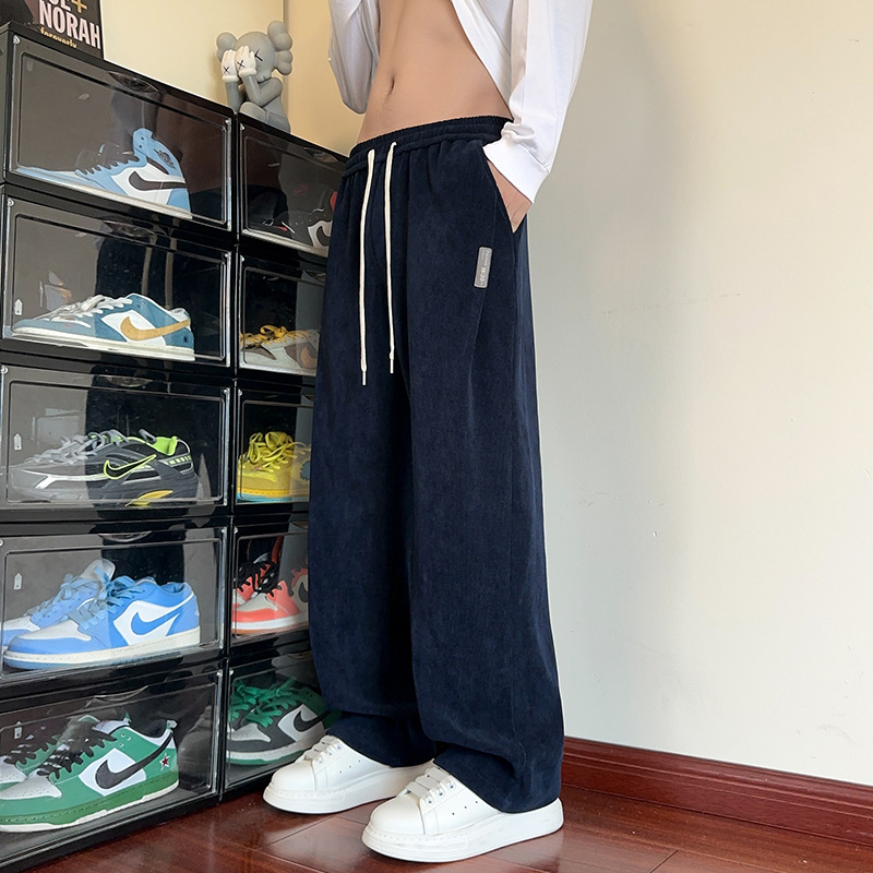 Chenille casual nadrág férfiaknak, tavasz–ősz, széles szárú, plusz méret, egyenes szabás