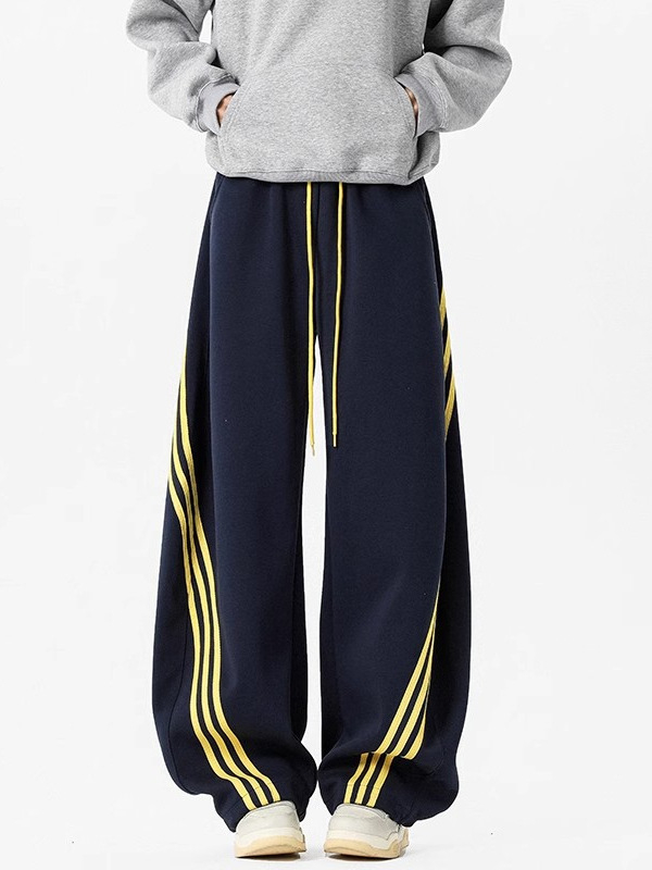 Newstep Sötétkék háromcsíkos, széles szárú férfi casual nadrág