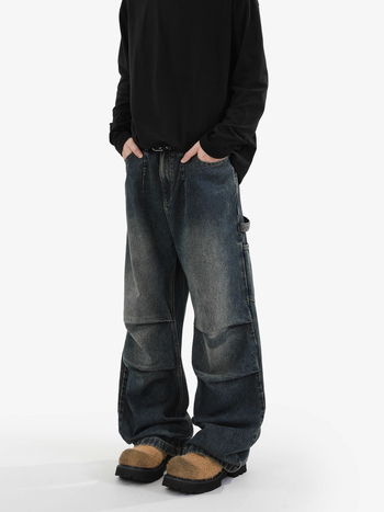 Férfi lazított, egyenes szárú farmer, mosott denim, workwear stílus, amerikai retro casual