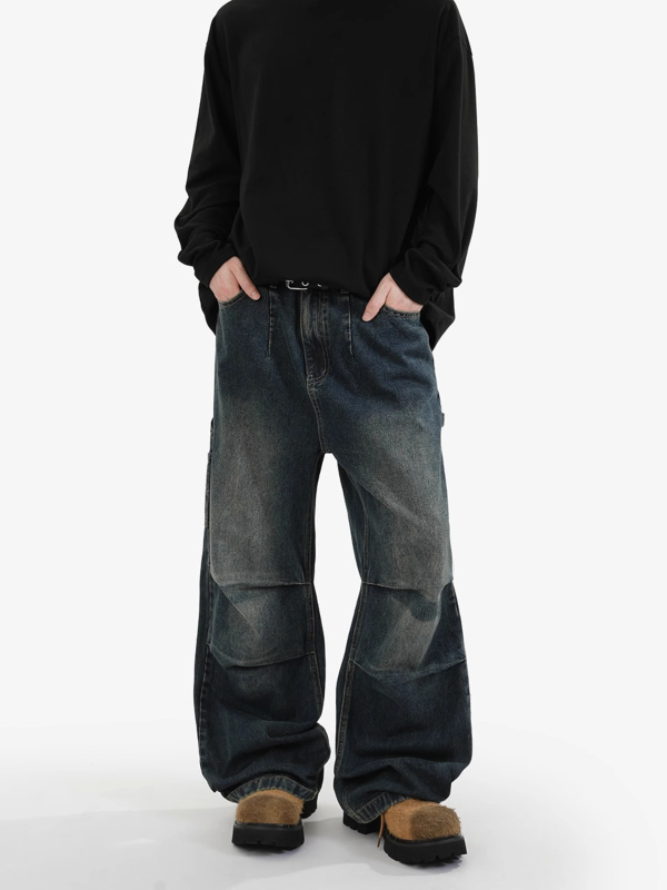 Férfi lazított, egyenes szárú farmer, mosott denim, workwear stílus, amerikai retro casual