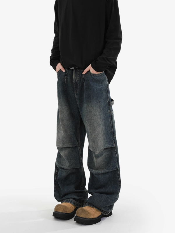 Férfi lazított, egyenes szárú farmer, mosott denim, workwear stílus, amerikai retro casual