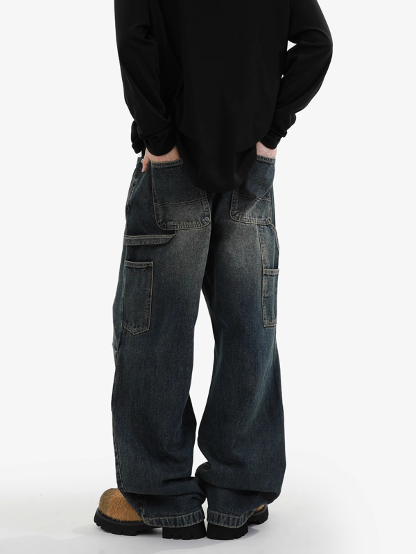 Férfi lazított, egyenes szárú farmer, mosott denim, workwear stílus, amerikai retro casual