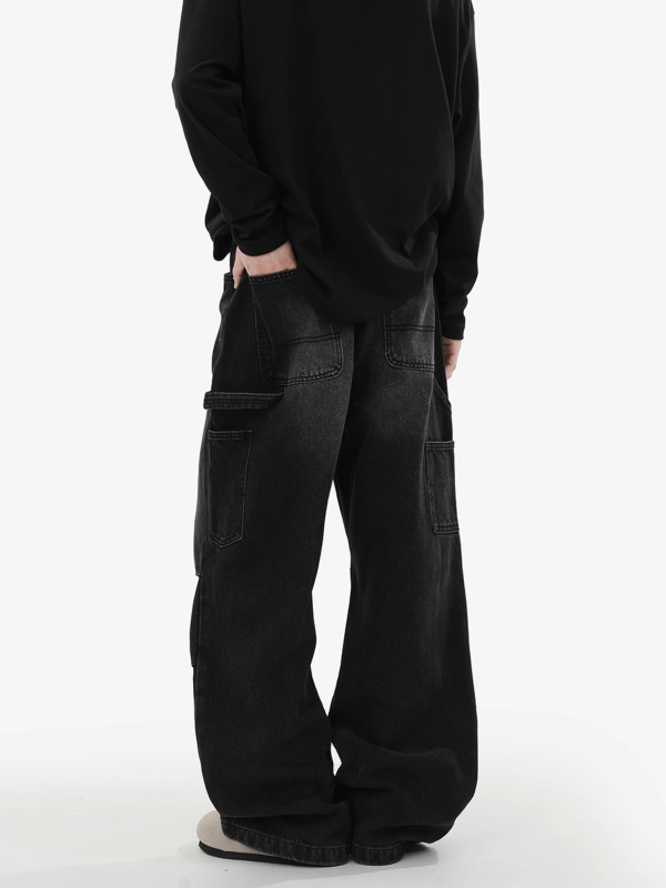 Férfi lazított, egyenes szárú farmer, mosott denim, workwear stílus, amerikai retro casual