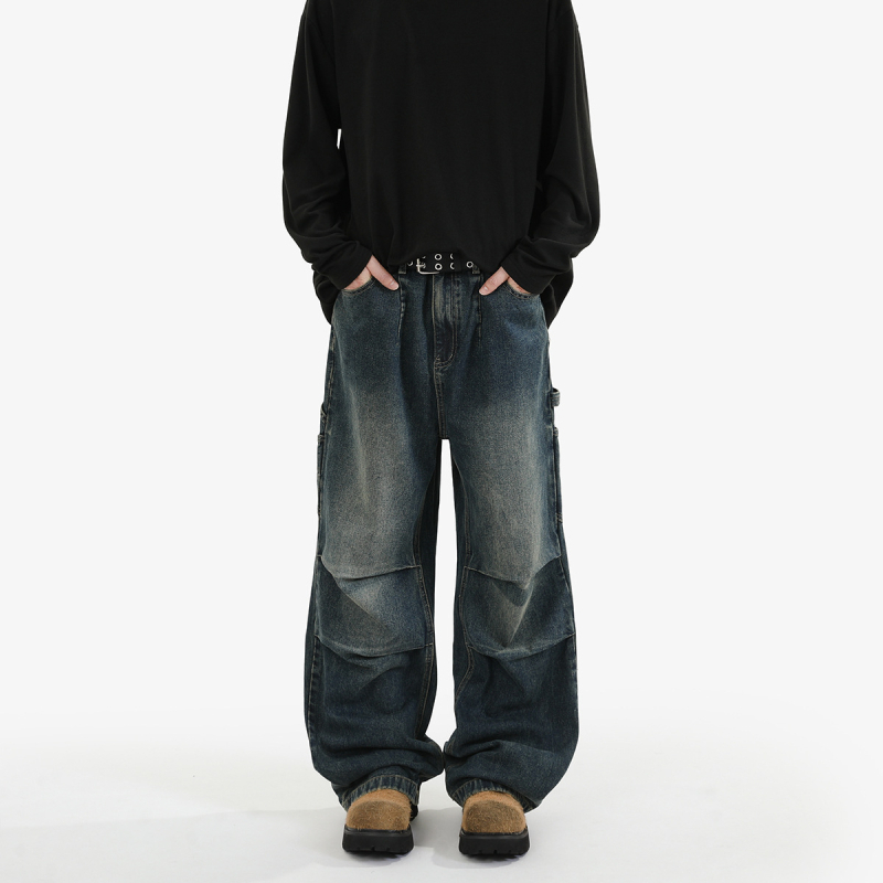 Férfi lazított, egyenes szárú farmer, mosott denim, workwear stílus, amerikai retro casual