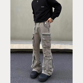 Amerikai retro mosott szürke denim munkásnadrág férfiaknak, lazán szabott, széles szárú, több zsebbel, minimalistán és divatos