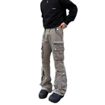Amerikai retro mosott szürke denim munkásnadrág férfiaknak, lazán szabott, széles szárú, több zsebbel, minimalistán és divatos