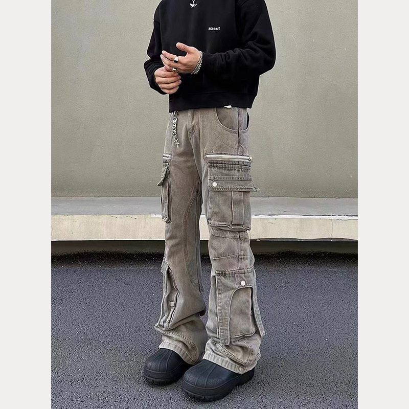Amerikai retro mosott szürke denim munkásnadrág férfiaknak, lazán szabott, széles szárú, több zsebbel, minimalistán és divatos