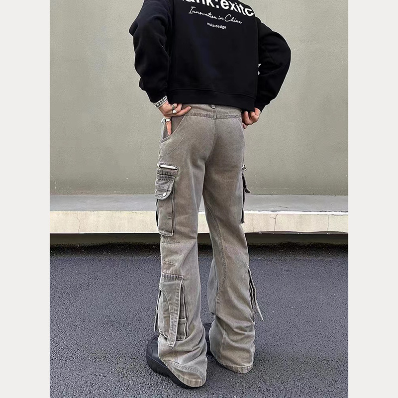 Amerikai retro mosott szürke denim munkásnadrág férfiaknak, lazán szabott, széles szárú, több zsebbel, minimalistán és divatos