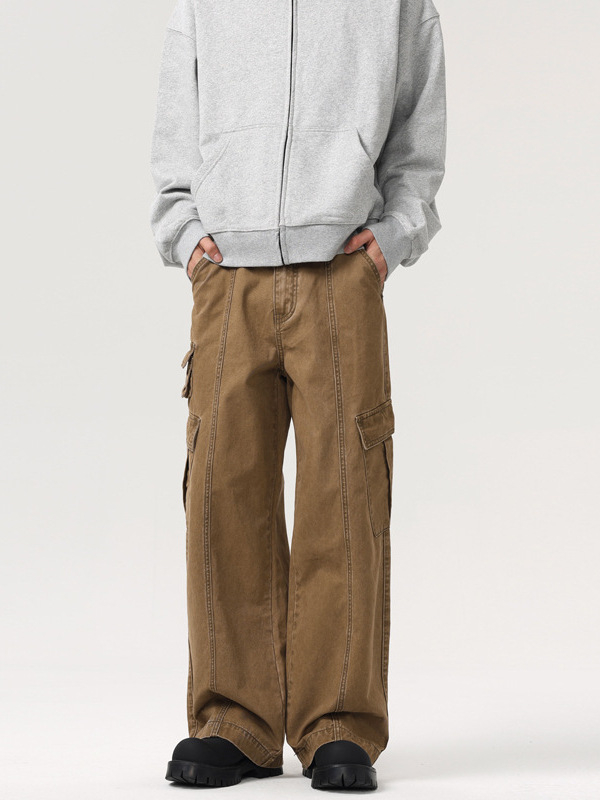 Muxi Clothing Amerikai retro több zsebes munkanadrág, uniszex, mindennapi viselet, laza, széles lábszárú egyenes szabás