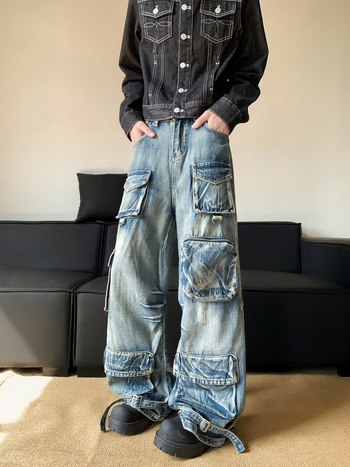 Američke hlače s višestrukim džepovima za muškarce, hip-hop streetwear, denim, široke nogavice