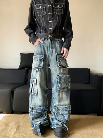 Američke hlače s višestrukim džepovima za muškarce, hip-hop streetwear, denim, široke nogavice