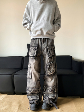 Američke hlače s višestrukim džepovima za muškarce, hip-hop streetwear, denim, široke nogavice