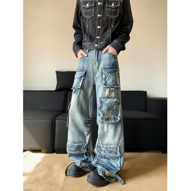 Američke hlače s višestrukim džepovima za muškarce, hip-hop streetwear, denim, široke nogavice