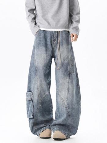 Férfi denim nadrág patchwork dekonstruált dizájnnal, laza szabású egyenes, széles szár, amerikai utcai stílus