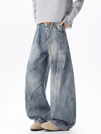 Férfi denim nadrág patchwork dekonstruált dizájnnal, laza szabású egyenes, széles szár, amerikai utcai stílus