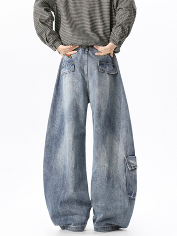 Férfi denim nadrág patchwork dekonstruált dizájnnal, laza szabású egyenes, széles szár, amerikai utcai stílus