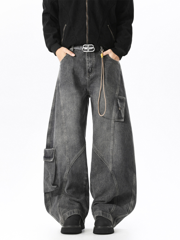 Férfi denim nadrág patchwork dekonstruált dizájnnal, laza szabású egyenes, széles szár, amerikai utcai stílus